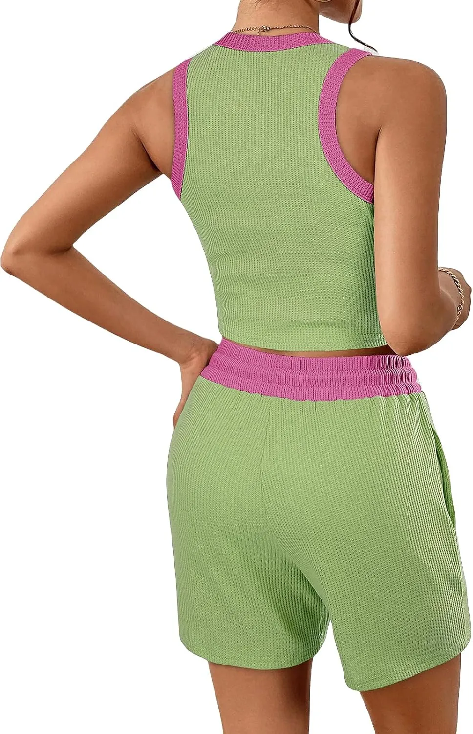 Womens 2 Piece Shorts Sleeveless Crop Top and Shorts Waffle Lounge Set Tracksuits Loungewear Set Trendy Clothes