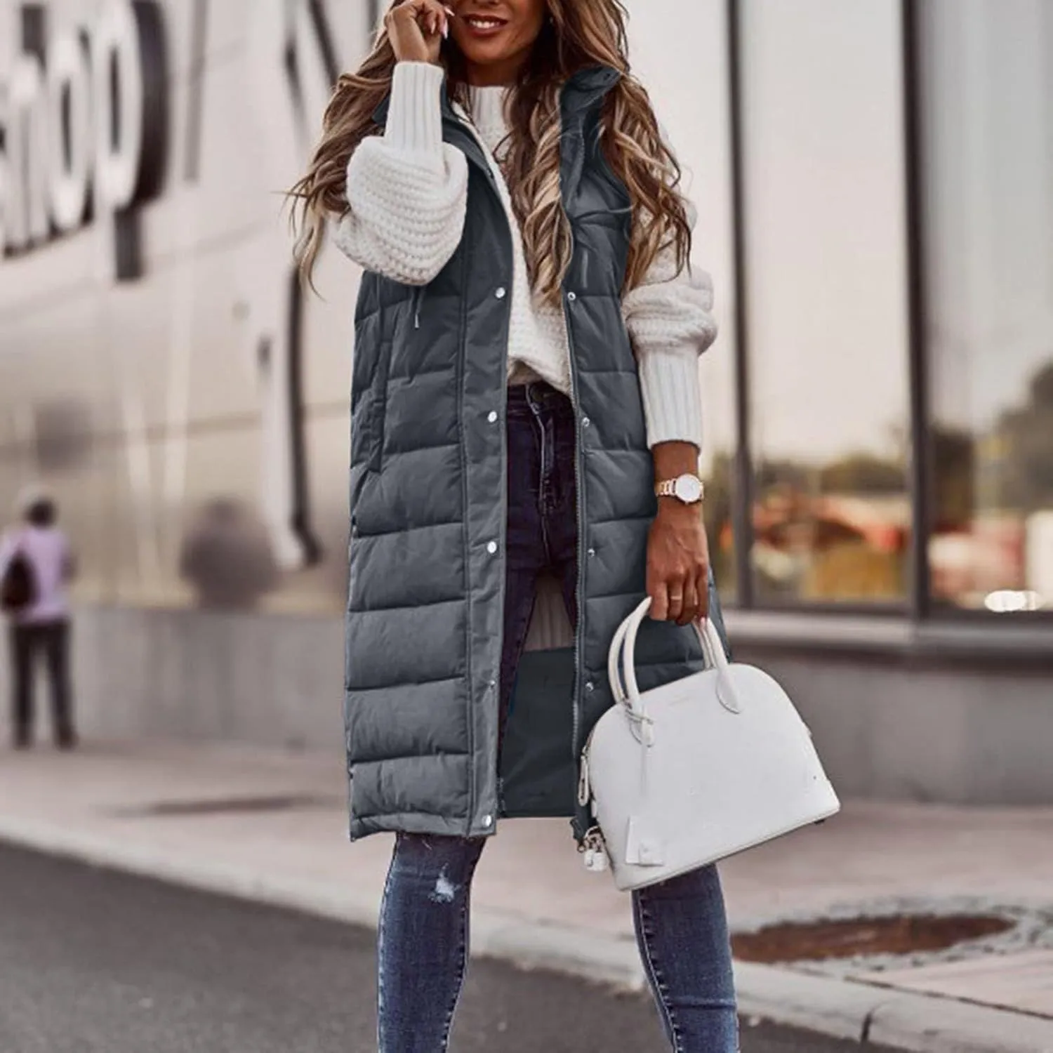 Womens 2024 Fall Reversible Vests Hooded Sleeveless Warm Cotton Coat with Pockets Vest Cotton Quilted Outdoor