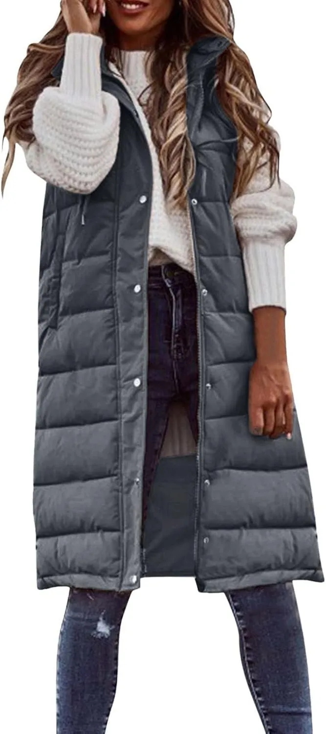 Womens 2024 Fall Reversible Vests Hooded Sleeveless Warm Cotton Coat with Pockets Vest Cotton Quilted Outdoor