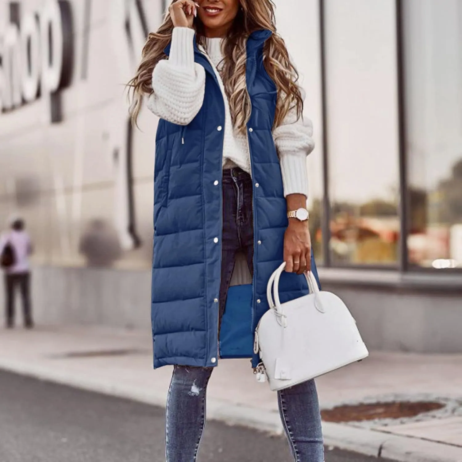 Womens 2024 Fall Reversible Vests Hooded Sleeveless Warm Cotton Coat with Pockets Vest Cotton Quilted Outdoor