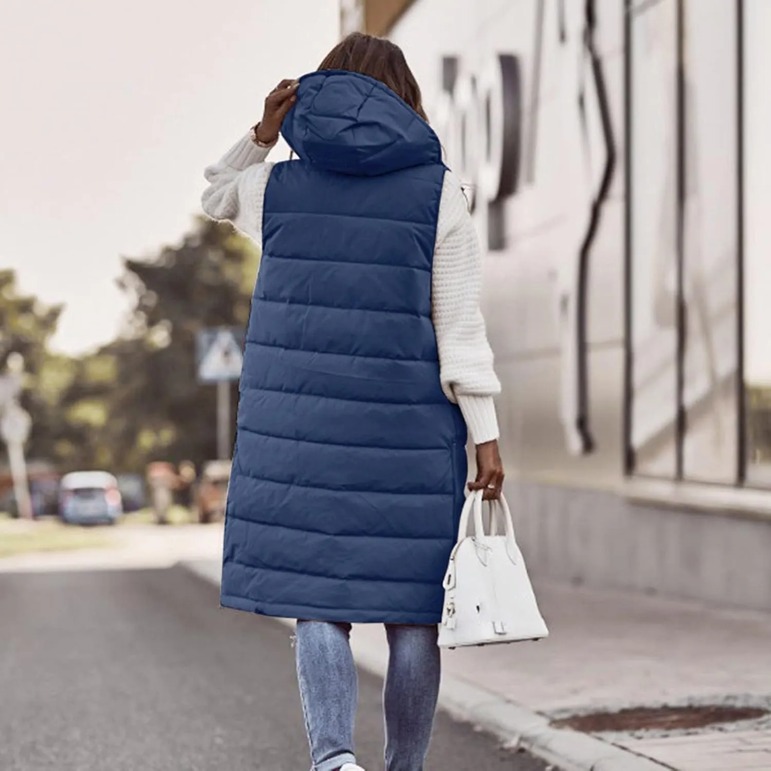 Womens 2024 Fall Reversible Vests Hooded Sleeveless Warm Cotton Coat with Pockets Vest Cotton Quilted Outdoor