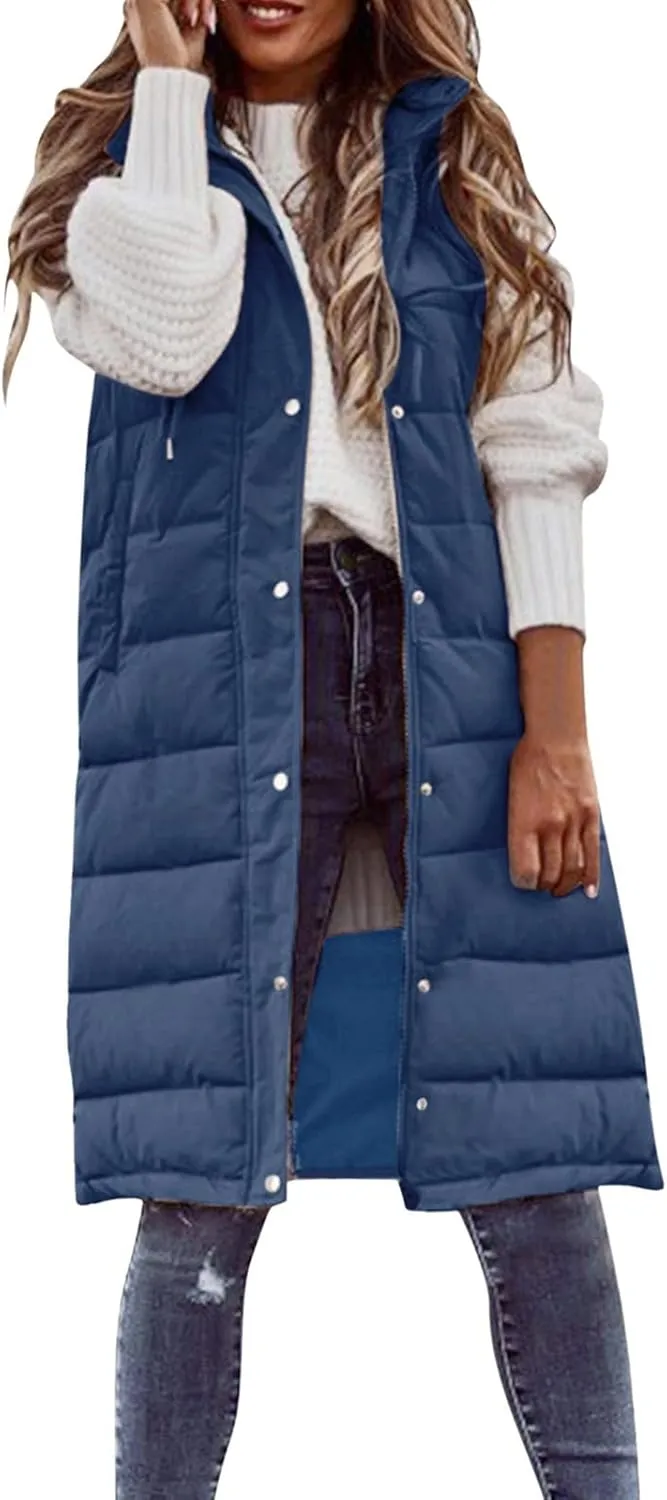 Womens 2024 Fall Reversible Vests Hooded Sleeveless Warm Cotton Coat with Pockets Vest Cotton Quilted Outdoor