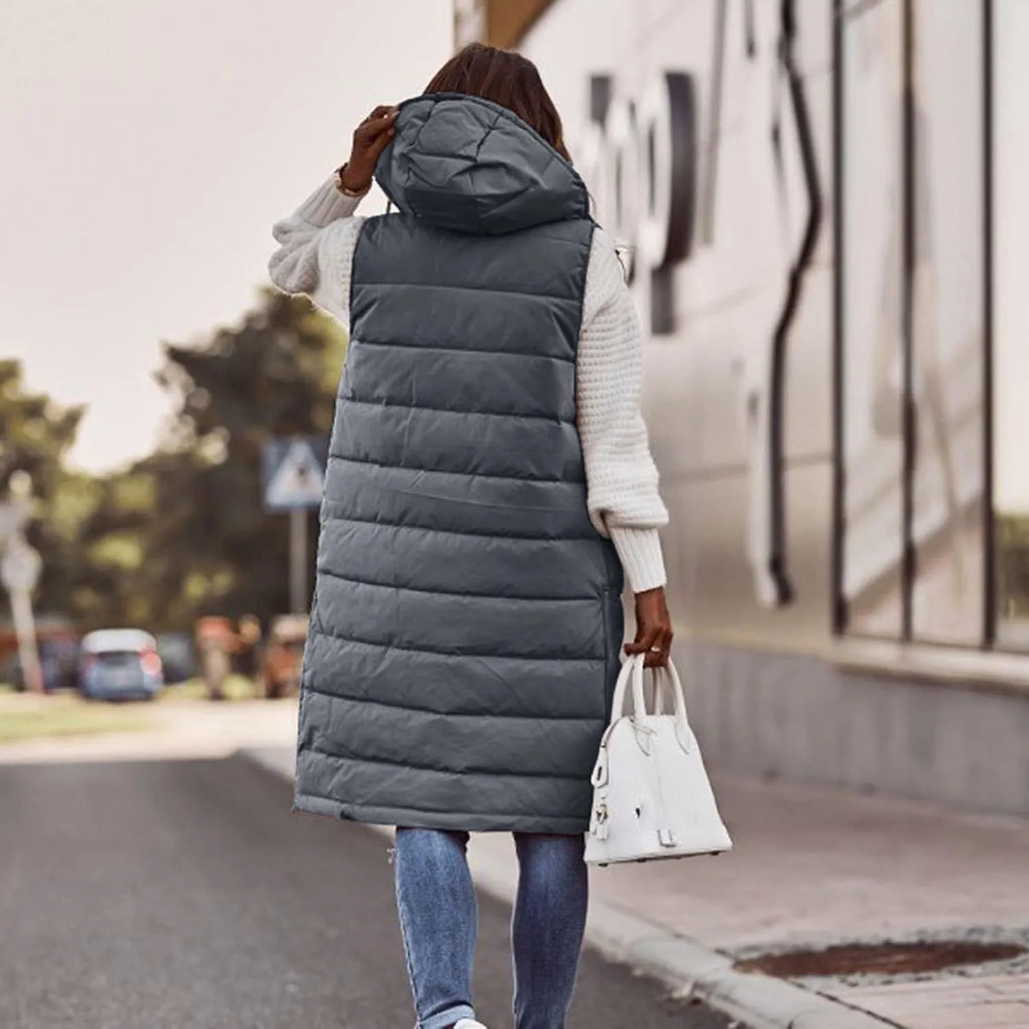 Womens 2024 Fall Reversible Vests Hooded Sleeveless Warm Cotton Coat with Pockets Vest Cotton Quilted Outdoor