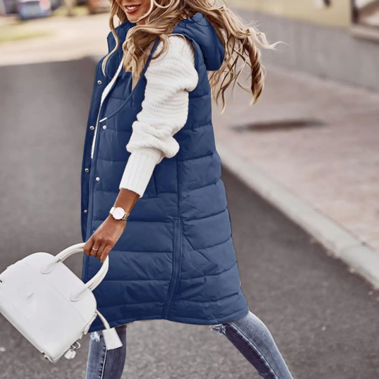 Womens 2024 Fall Reversible Vests Hooded Sleeveless Warm Cotton Coat with Pockets Vest Cotton Quilted Outdoor