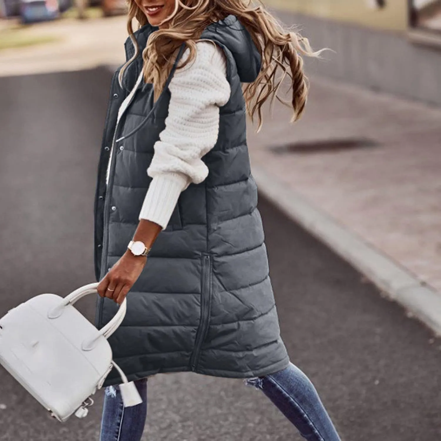 Womens 2024 Fall Reversible Vests Hooded Sleeveless Warm Cotton Coat with Pockets Vest Cotton Quilted Outdoor