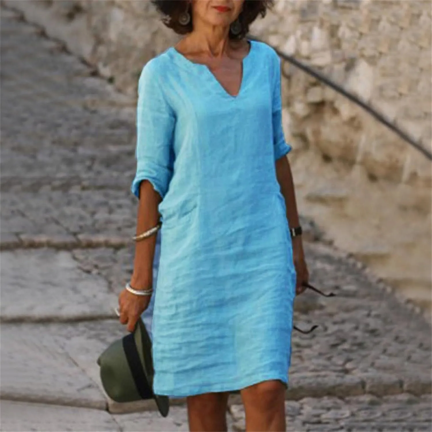 Women's 2025 Summer Cotton Linen Dress Spring Casual Boho 3/4 Sleeve Shirt Derss Flowy Skirt Beach Cover Ups Clothes