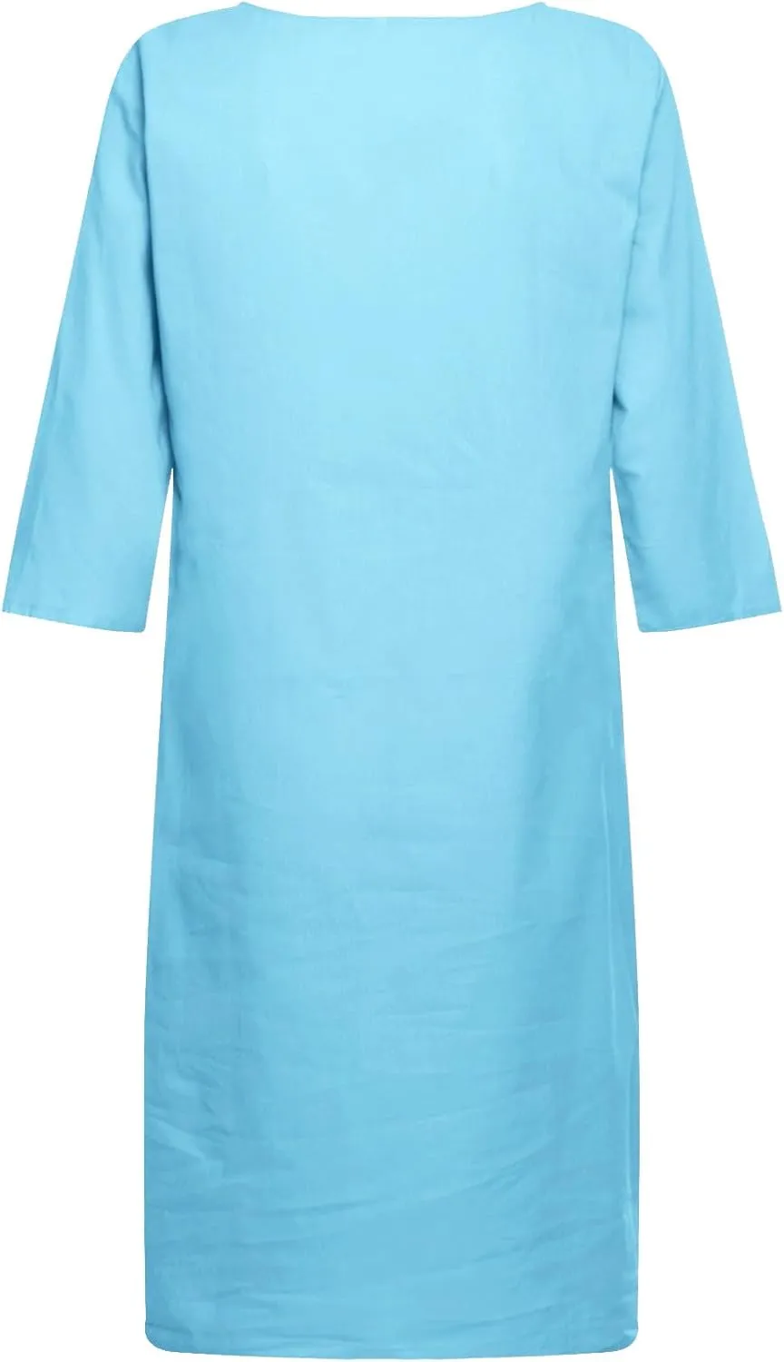 Women's 2025 Summer Cotton Linen Dress Spring Casual Boho 3/4 Sleeve Shirt Derss Flowy Skirt Beach Cover Ups Clothes