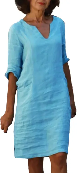 Women's 2025 Summer Cotton Linen Dress Spring Casual Boho 3/4 Sleeve Shirt Derss Flowy Skirt Beach Cover Ups Clothes