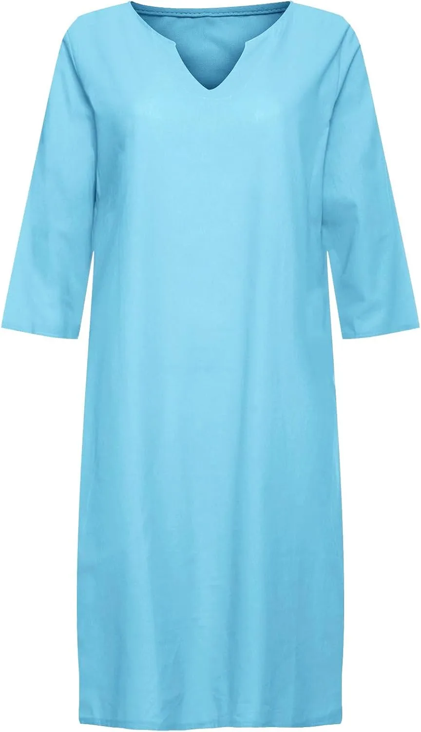 Women's 2025 Summer Cotton Linen Dress Spring Casual Boho 3/4 Sleeve Shirt Derss Flowy Skirt Beach Cover Ups Clothes