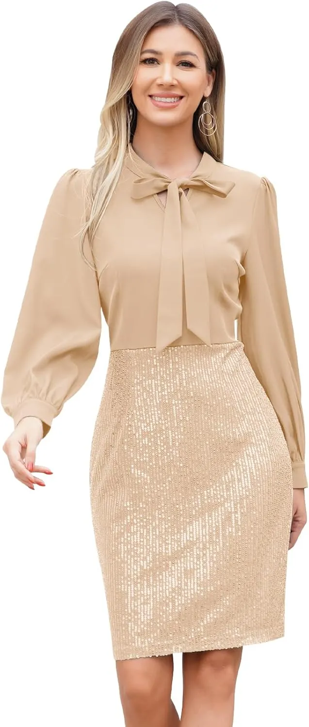 Womens 3/4 Sleeve V Neck Sequin Sparkle Glitzy Glam Flapper Party Dress Cocktail Glitter Bodycon Wedding Evening Clubwear