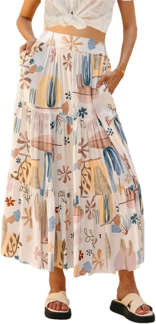 Women's A-Line Floral Printing Midi High Waist Vacation Maxi Skirts Vestidos Beach Boho Skirts