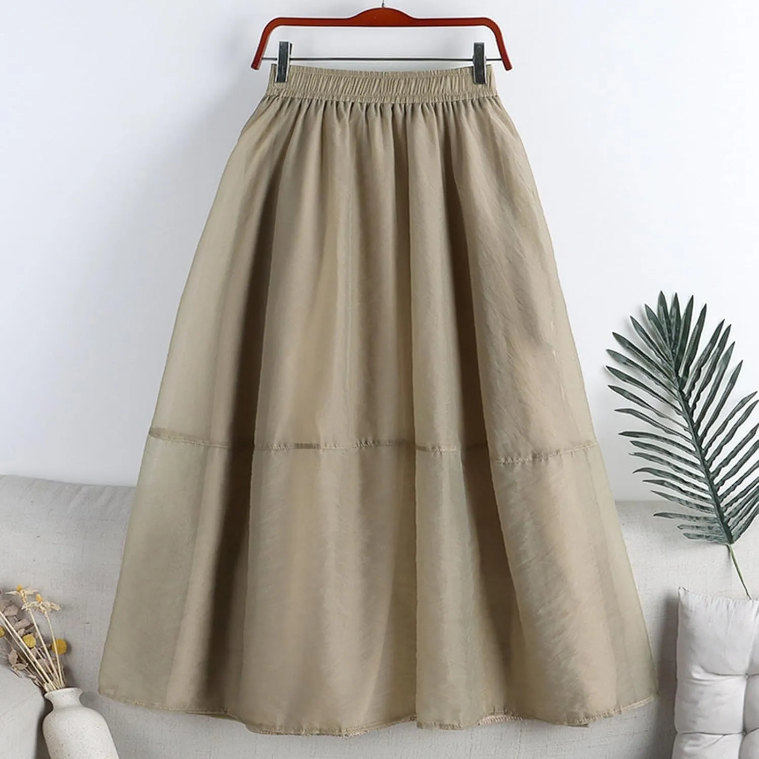 Women's Beach Skorts Summer Solid Color Elastic Waist Dance Skirts Casual Fashion Flowy Ruffle Tiered A Line Skirt