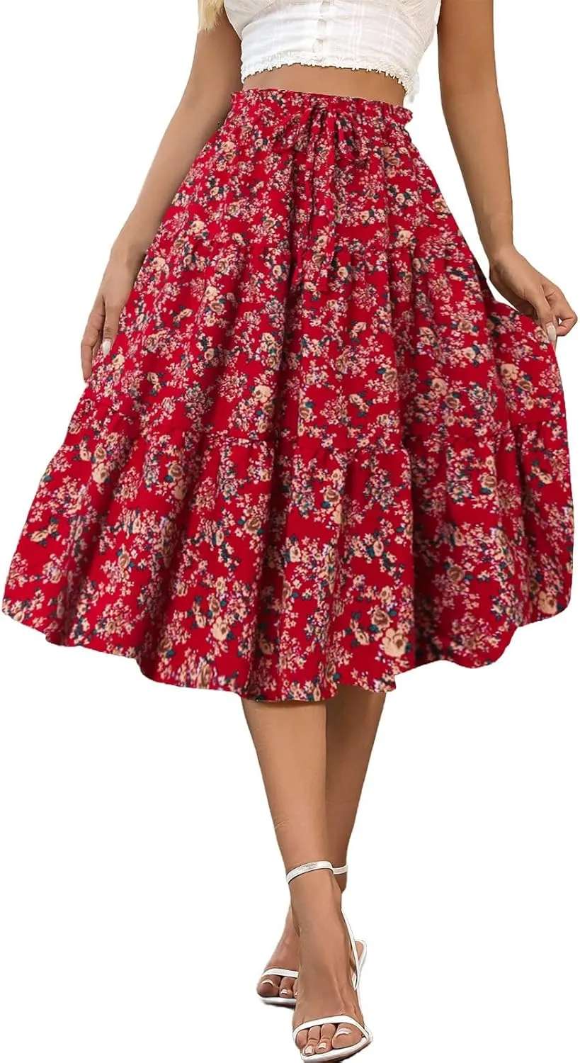 Women's Boho Floral Skirt Casual Elastic High Waist Maxi Dresses Summer Plus Size A Line Beach Long Outfits Skirt