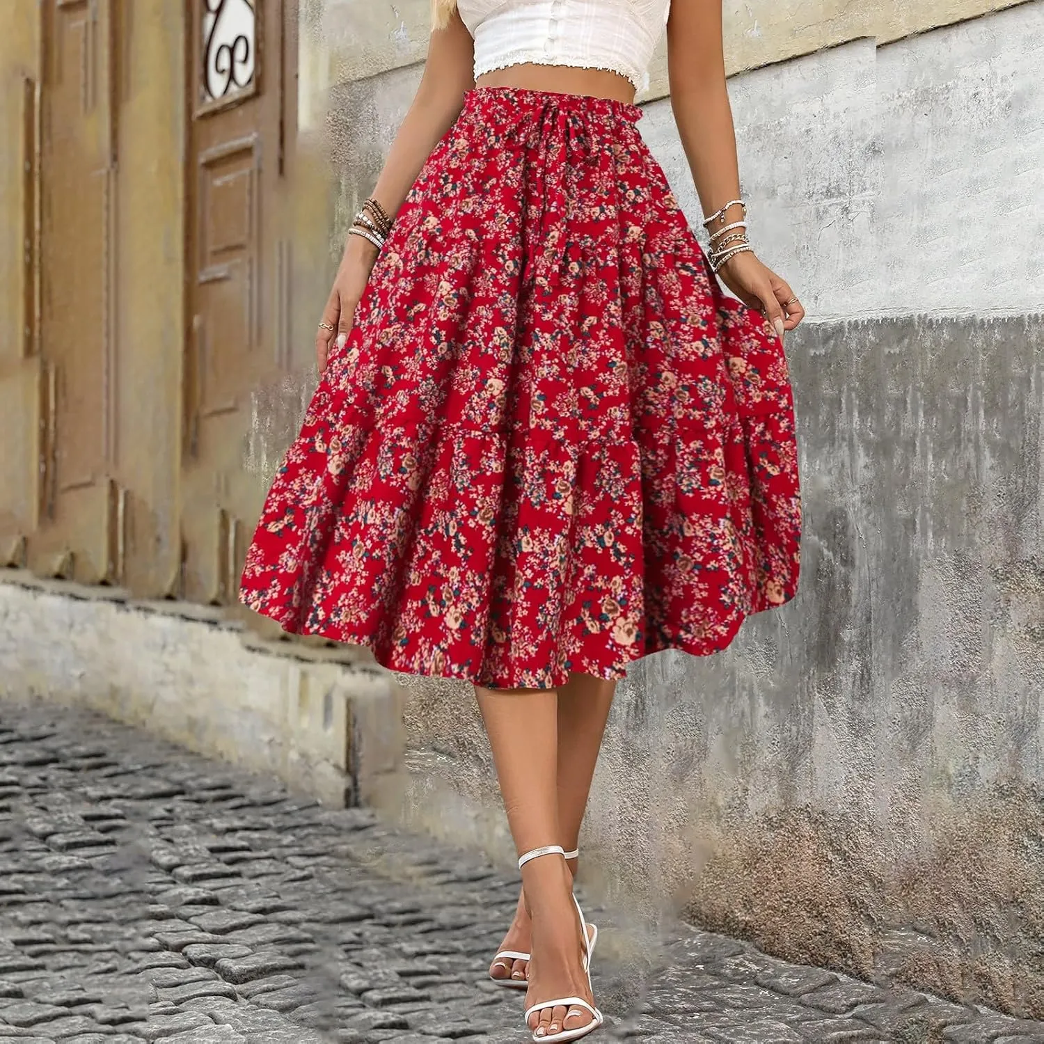 Women's Boho Floral Skirt Casual Elastic High Waist Maxi Dresses Summer Plus Size A Line Beach Long Outfits Skirt