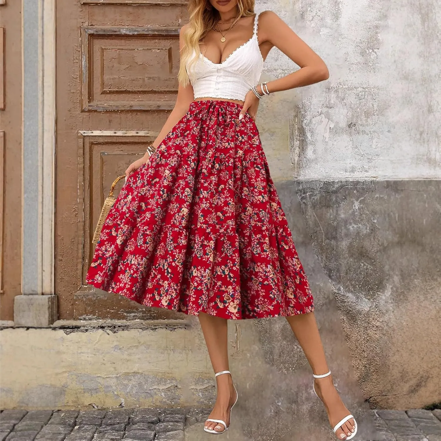 Women's Boho Floral Skirt Casual Elastic High Waist Maxi Dresses Summer Plus Size A Line Beach Long Outfits Skirt