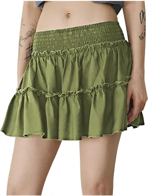Womens Boho Mini Skirt 2025 Summer Beach Skirts High Waisted Ruffled Tiered A Line Flowy Skirts Built-in Shorts
