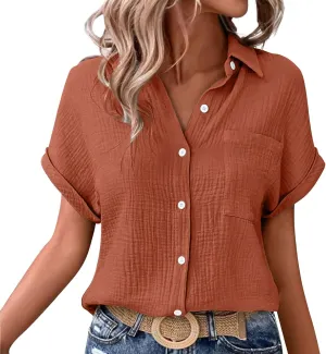 Womens Button Down Linen Shirt Short Batwing Sleeve Cotton Blouse Summer Loose Fit Beach Tops with Patched Pocket