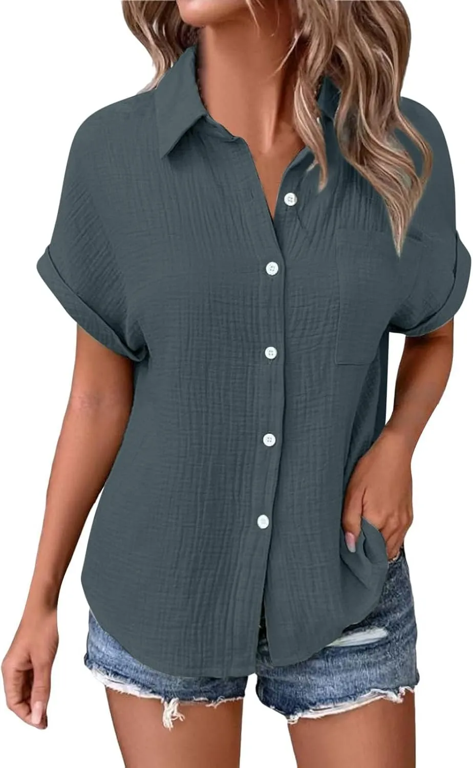 Womens Button Down Linen Shirt Short Batwing Sleeve Cotton Blouse Summer Loose Fit Beach Tops with Patched Pocket
