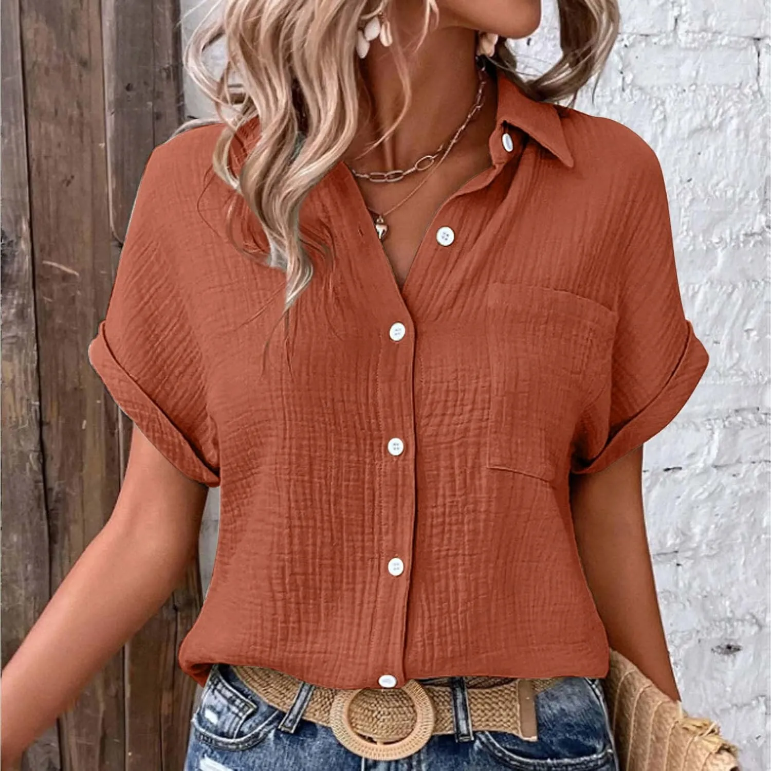 Womens Button Down Linen Shirt Short Batwing Sleeve Cotton Blouse Summer Loose Fit Beach Tops with Patched Pocket