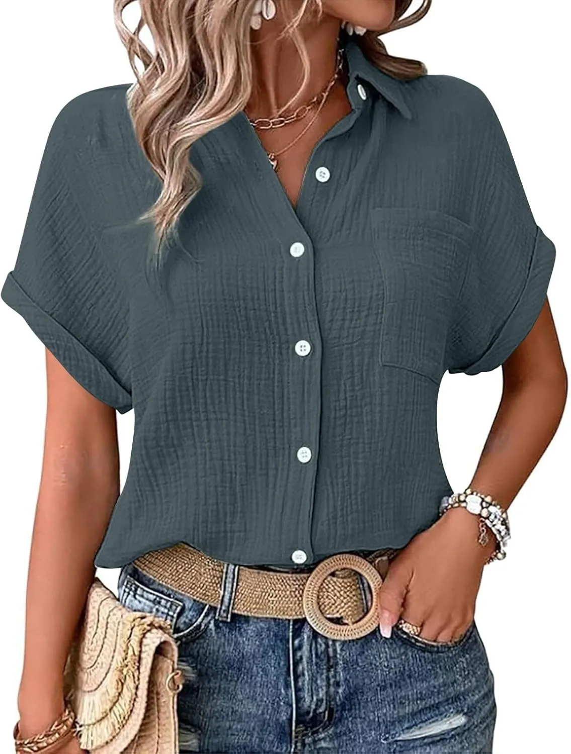 Womens Button Down Linen Shirt Short Batwing Sleeve Cotton Blouse Summer Loose Fit Beach Tops with Patched Pocket