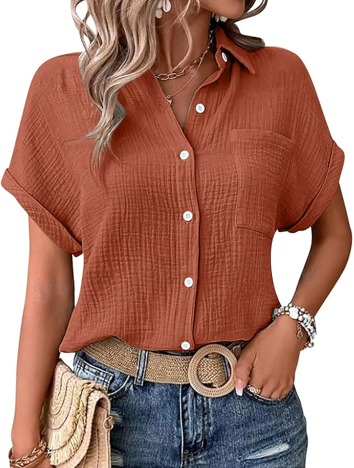Womens Button Down Linen Shirt Short Batwing Sleeve Cotton Blouse Summer Loose Fit Beach Tops with Patched Pocket