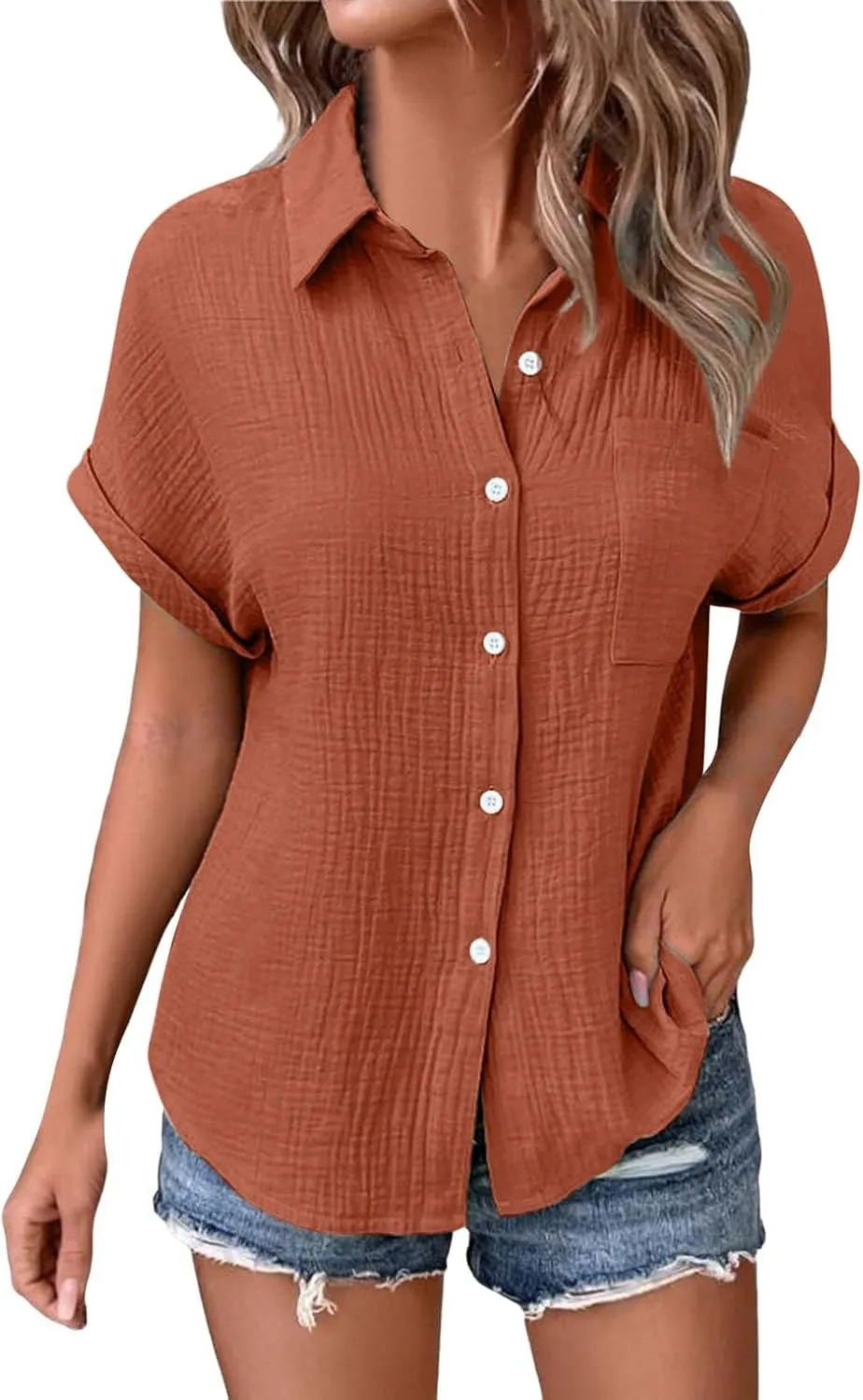 Womens Button Down Linen Shirt Short Batwing Sleeve Cotton Blouse Summer Loose Fit Beach Tops with Patched Pocket
