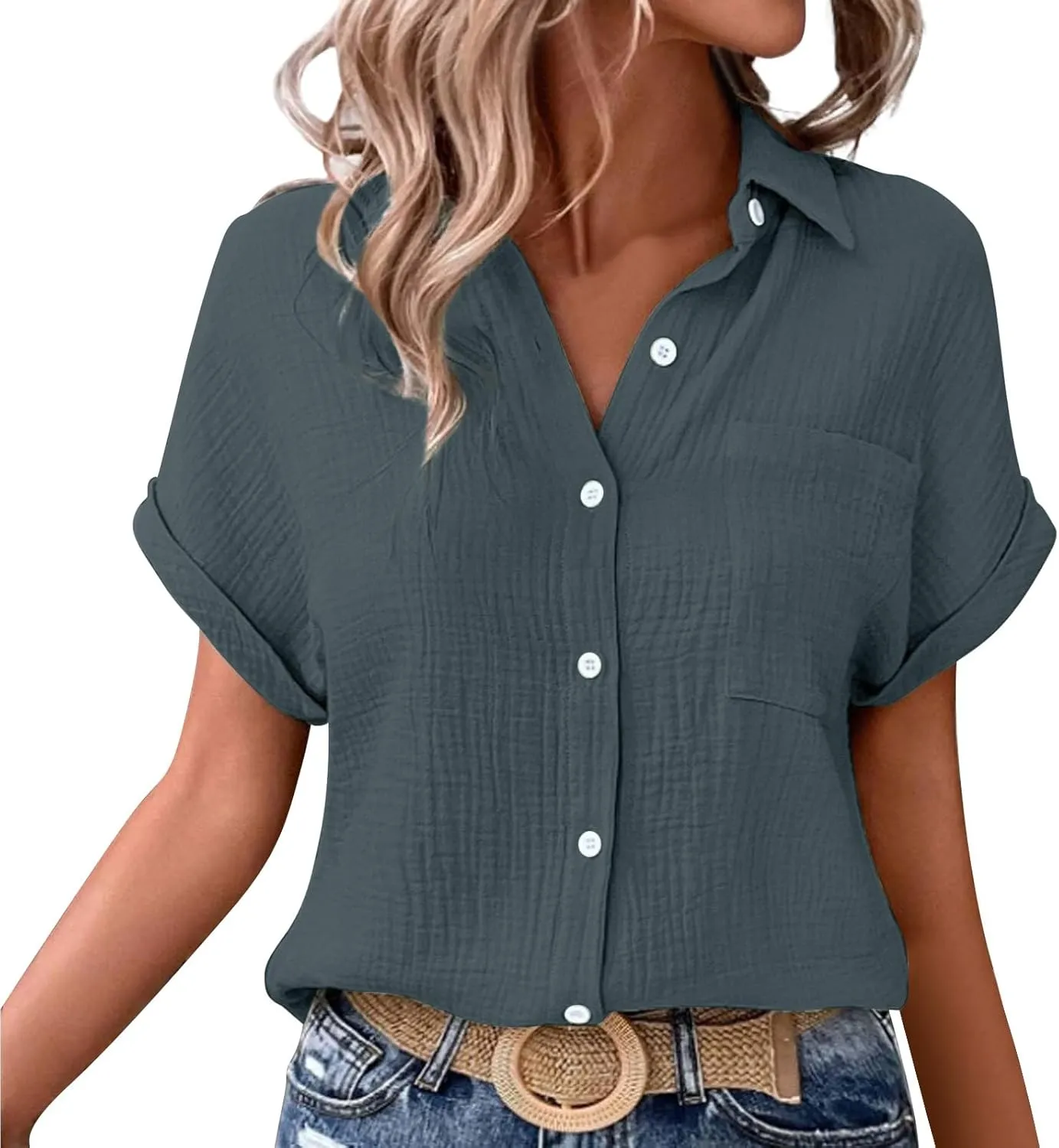 Womens Button Down Linen Shirt Short Batwing Sleeve Cotton Blouse Summer Loose Fit Beach Tops with Patched Pocket