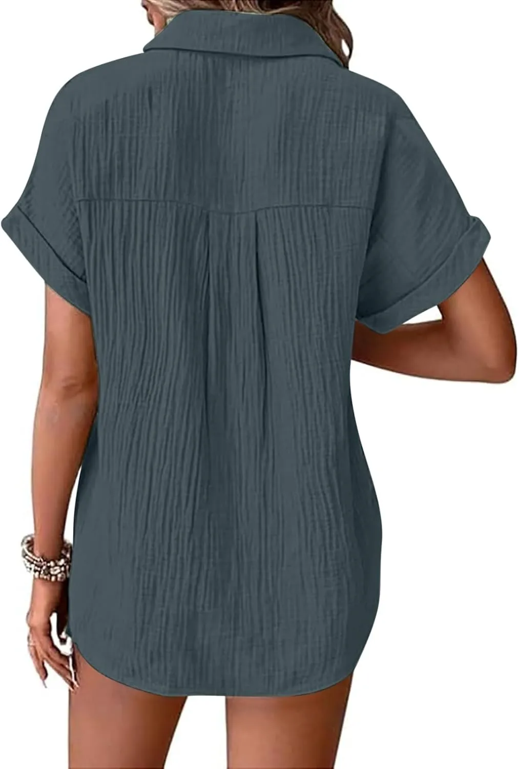 Womens Button Down Linen Shirt Short Batwing Sleeve Cotton Blouse Summer Loose Fit Beach Tops with Patched Pocket