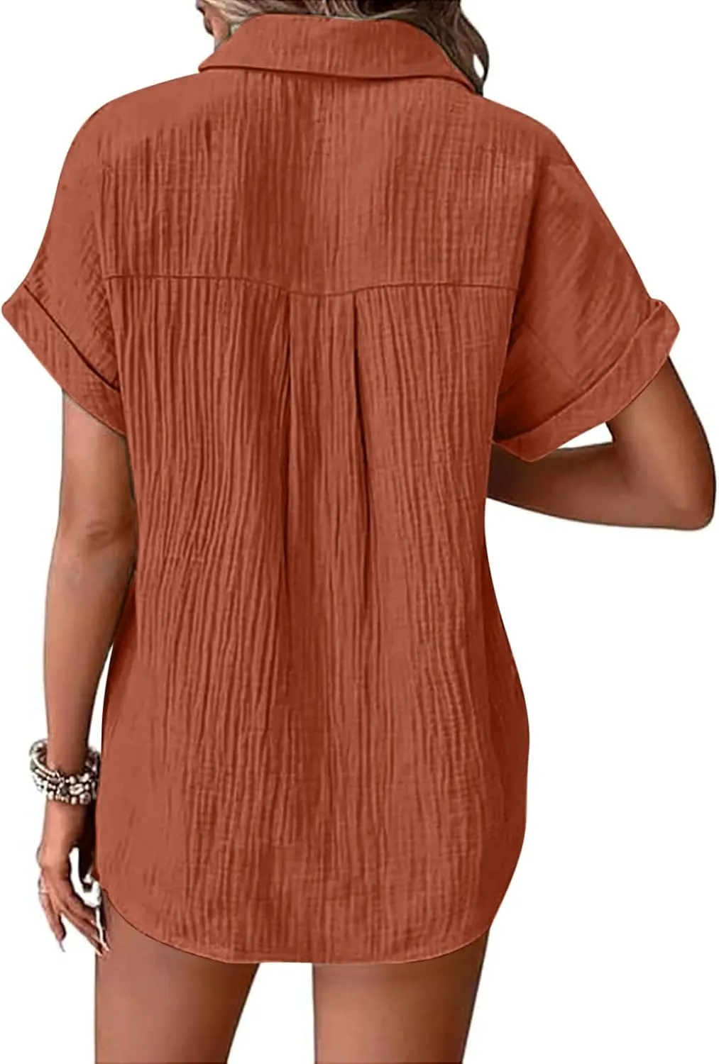 Womens Button Down Linen Shirt Short Batwing Sleeve Cotton Blouse Summer Loose Fit Beach Tops with Patched Pocket
