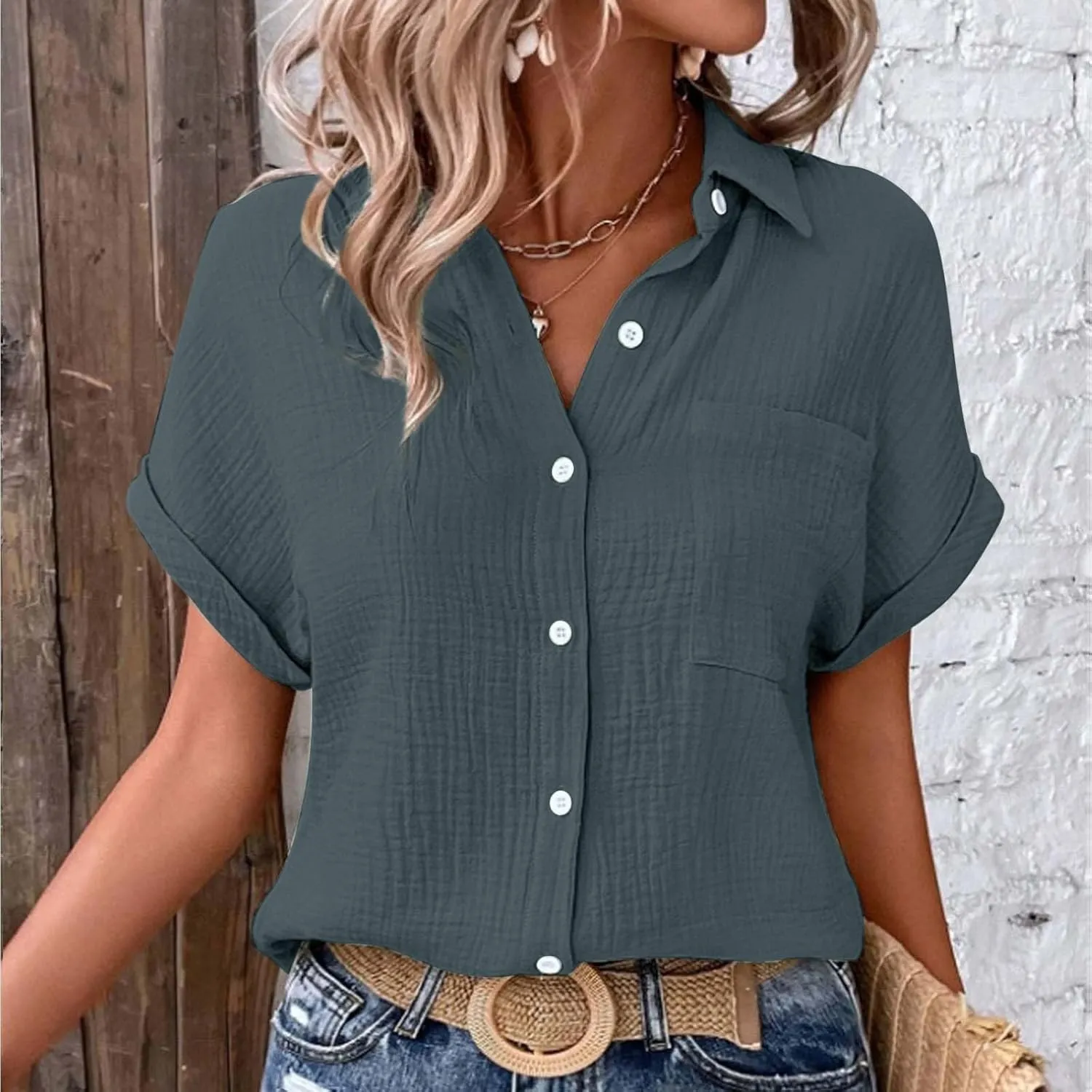 Womens Button Down Linen Shirt Short Batwing Sleeve Cotton Blouse Summer Loose Fit Beach Tops with Patched Pocket