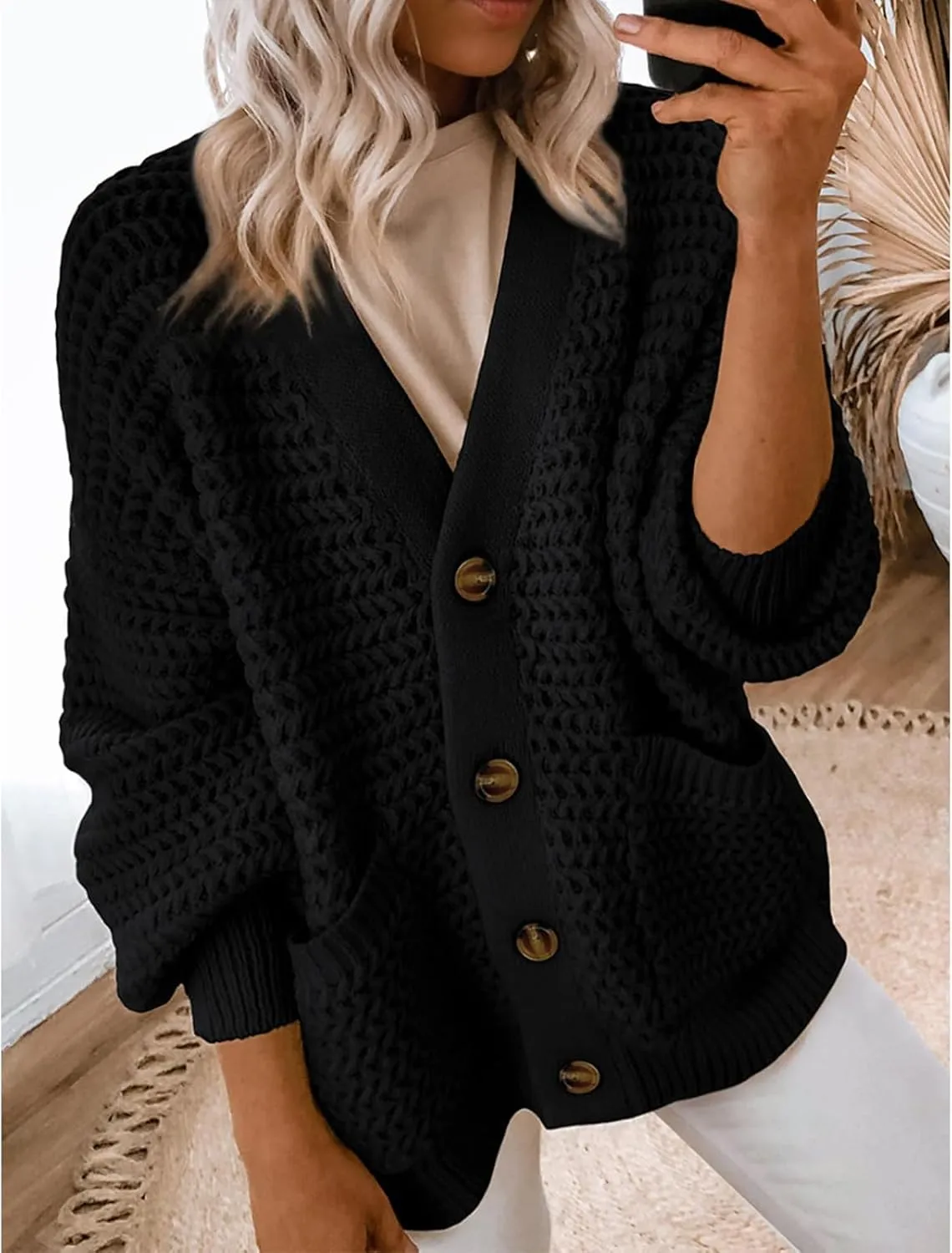 Women's Cardigan Sweater Lightweight Button Down Chunky Knit Sweater Causal Long Sleeve Open Front Cardigans Coat