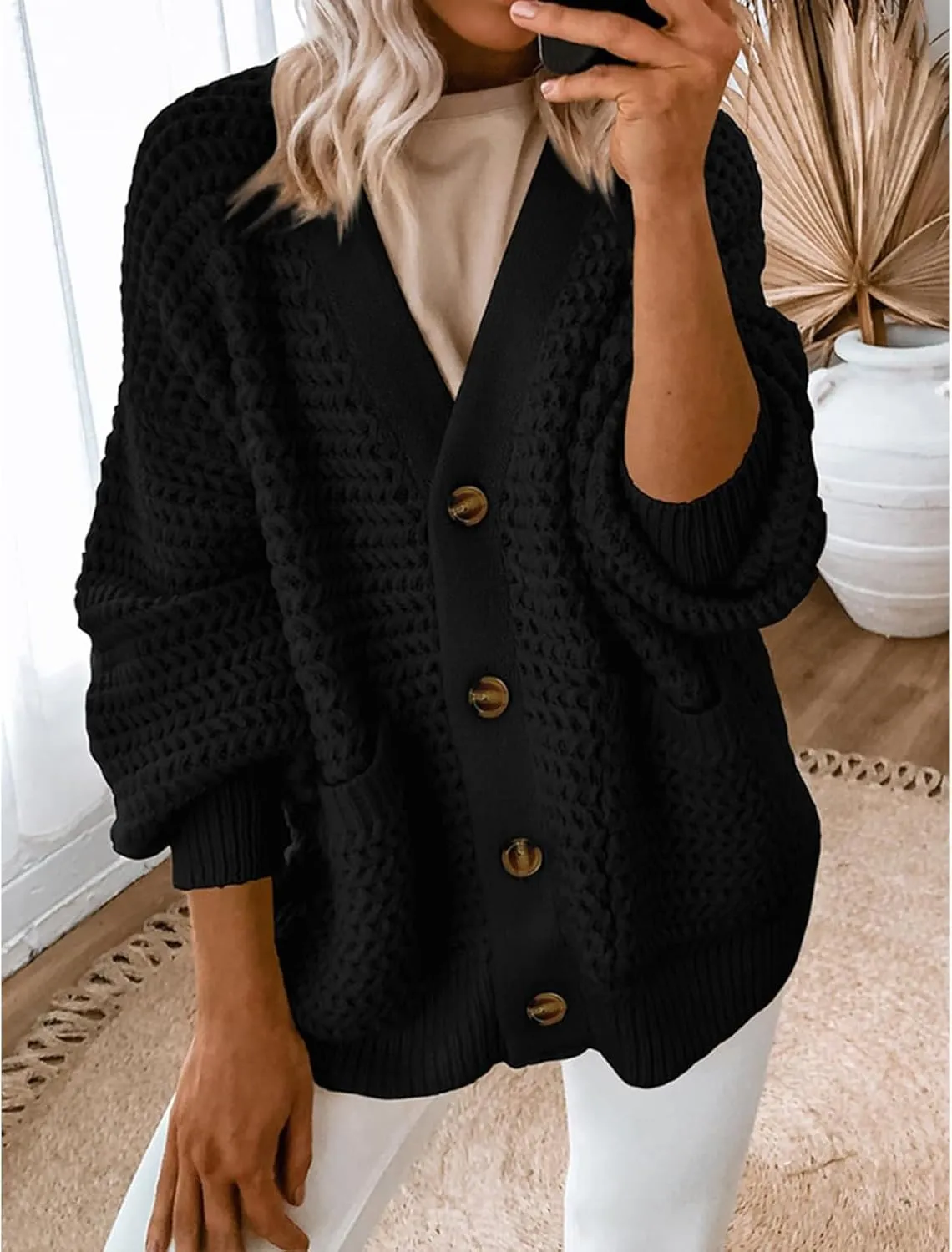 Women's Cardigan Sweater Lightweight Button Down Chunky Knit Sweater Causal Long Sleeve Open Front Cardigans Coat