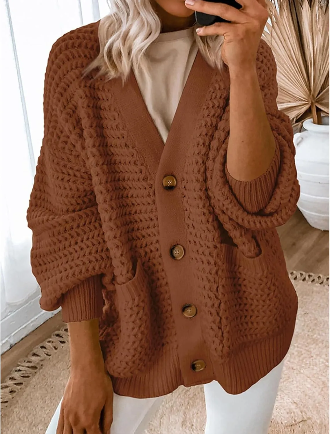 Women's Cardigan Sweater Lightweight Button Down Chunky Knit Sweater Causal Long Sleeve Open Front Cardigans Coat