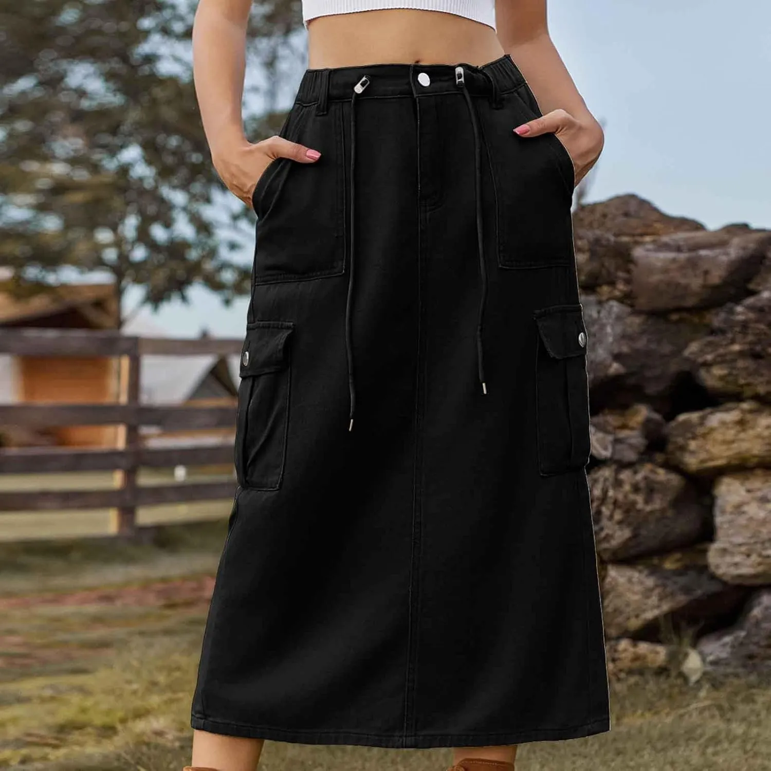 Womens Cargo Denim Skirt High Waisted Jean Pencil Midi Skirts Drawstring Vintage Streetwear with Flap Pocket