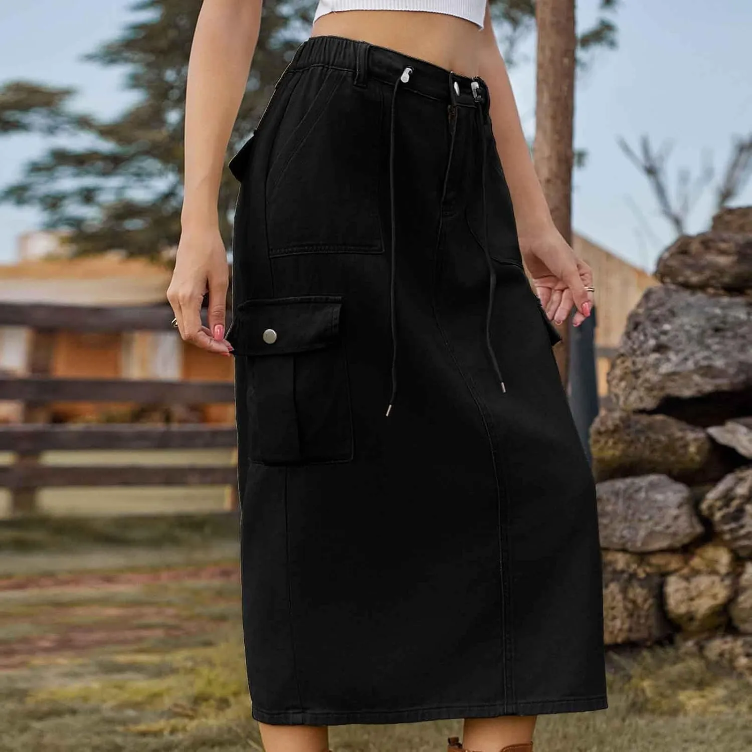 Womens Cargo Denim Skirt High Waisted Jean Pencil Midi Skirts Drawstring Vintage Streetwear with Flap Pocket