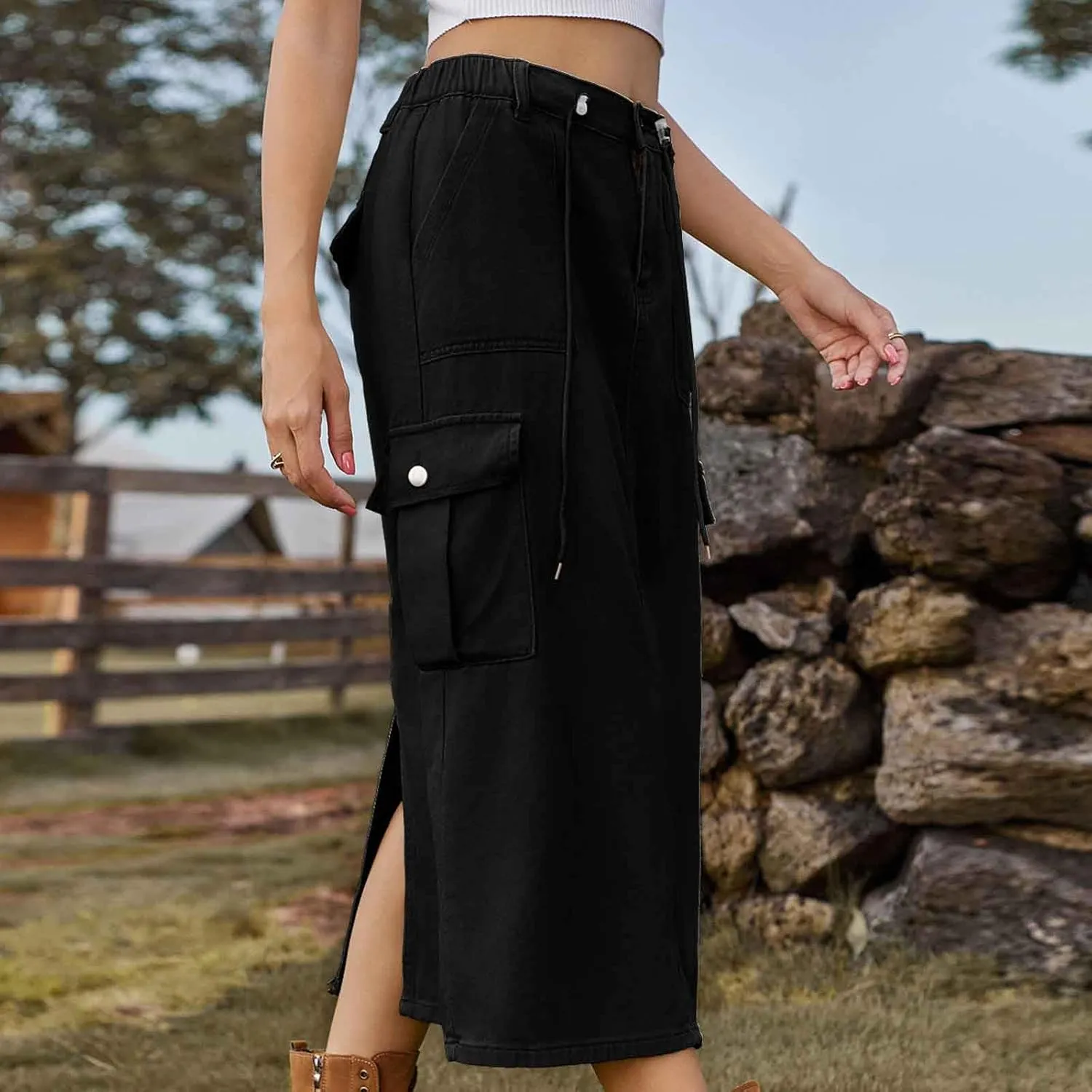 Womens Cargo Denim Skirt High Waisted Jean Pencil Midi Skirts Drawstring Vintage Streetwear with Flap Pocket