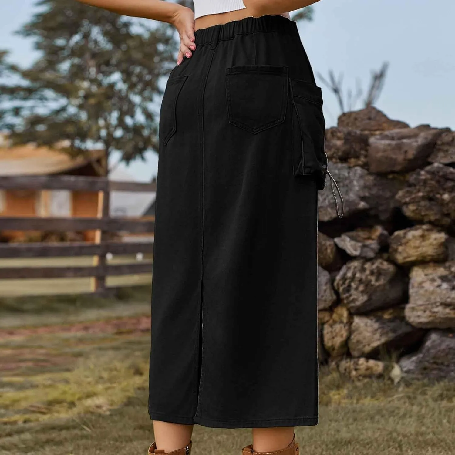 Womens Cargo Denim Skirt High Waisted Jean Pencil Midi Skirts Drawstring Vintage Streetwear with Flap Pocket