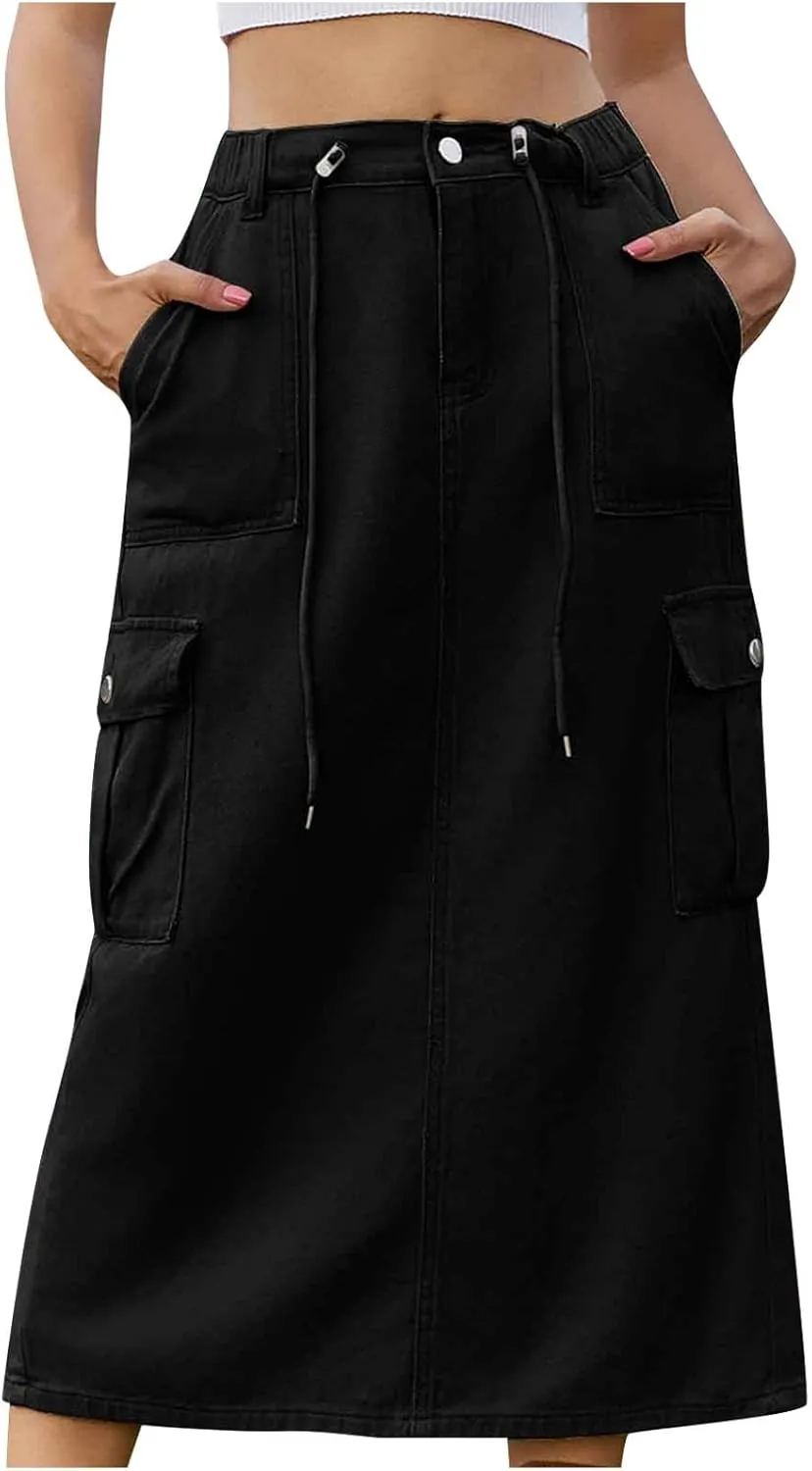 Womens Cargo Denim Skirt High Waisted Jean Pencil Midi Skirts Drawstring Vintage Streetwear with Flap Pocket
