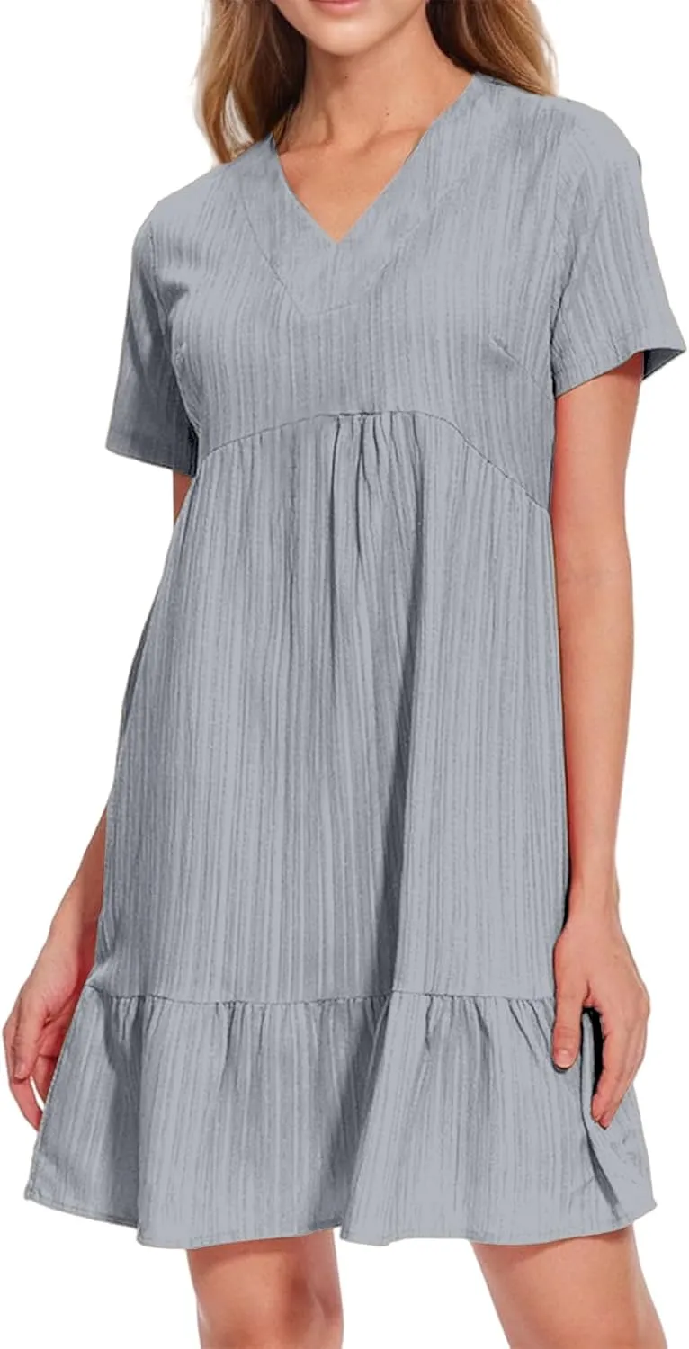 Womens Casual Dresses Summer V Neck Short Sleeve Midi Dress Flowy Loose Fit Solid Color Ruffle Hem Beach Sundress