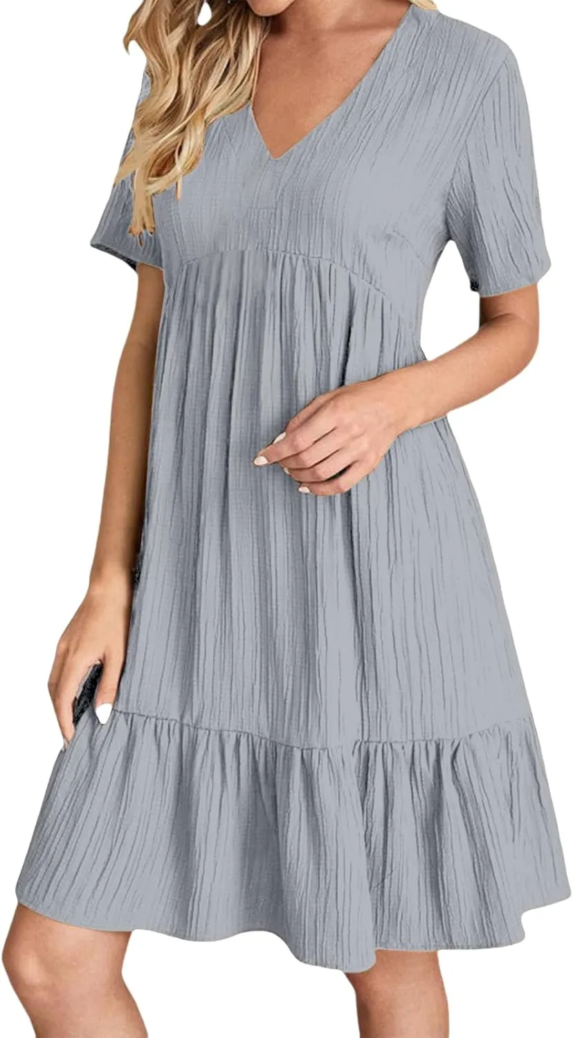 Womens Casual Dresses Summer V Neck Short Sleeve Midi Dress Flowy Loose Fit Solid Color Ruffle Hem Beach Sundress