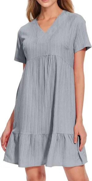 Womens Casual Dresses Summer V Neck Short Sleeve Midi Dress Flowy Loose Fit Solid Color Ruffle Hem Beach Sundress