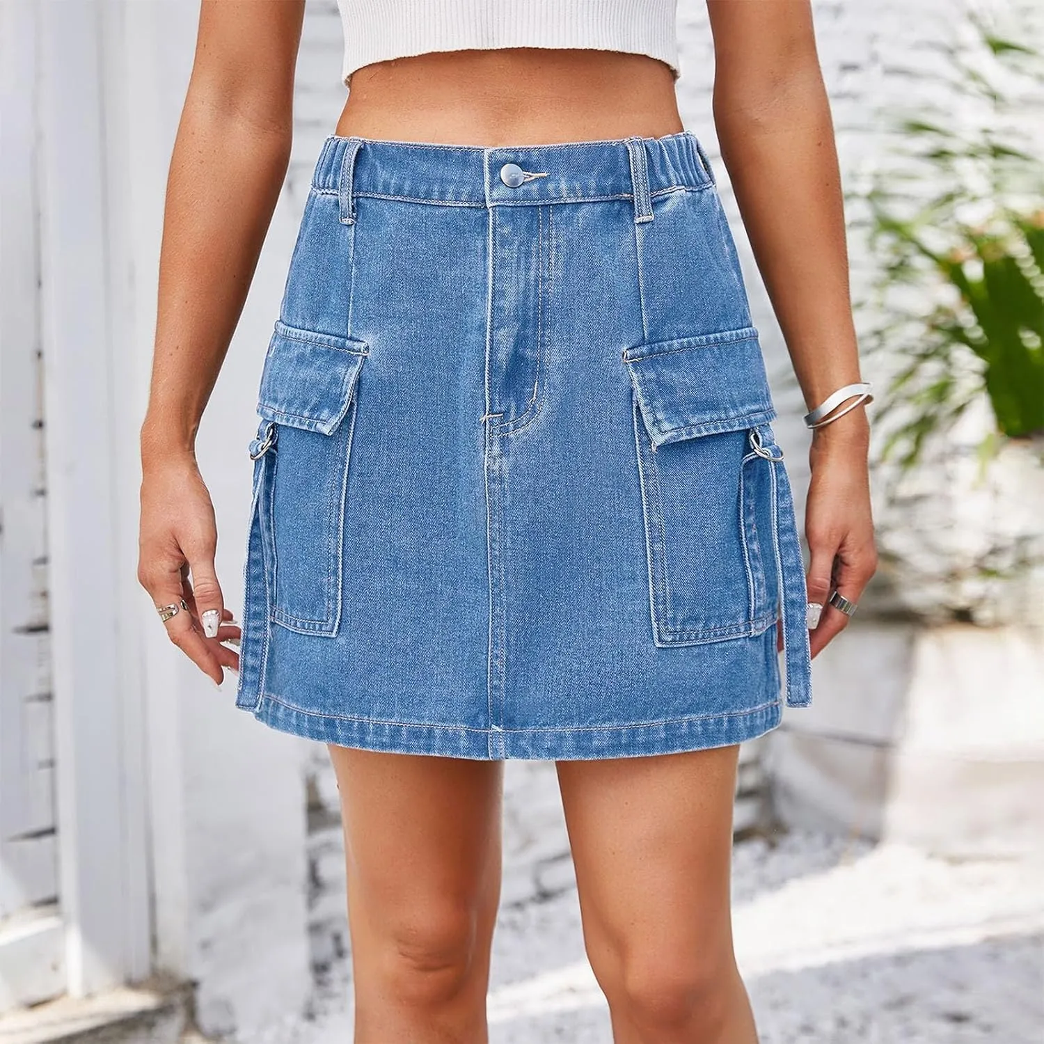 Women's Casual High Waisted Solid Button Up Denim Jean Skirt Mini Cargo Skirt A-Line Y2k Short Denim Jean Skirt