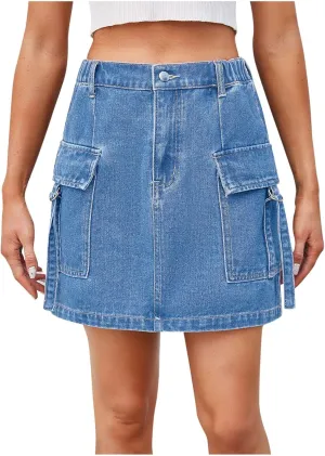 Women's Casual High Waisted Solid Button Up Denim Jean Skirt Mini Cargo Skirt A-Line Y2k Short Denim Jean Skirt