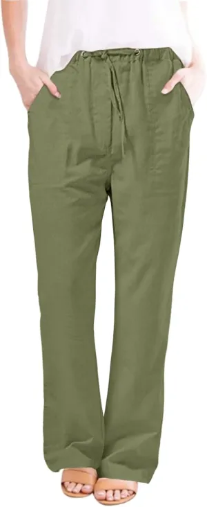 Womens Casual Linen Pants 2024 Drawstring Elastic Waist Trousers Lounge Vacation Clothing Summer Drawstring Palazzo