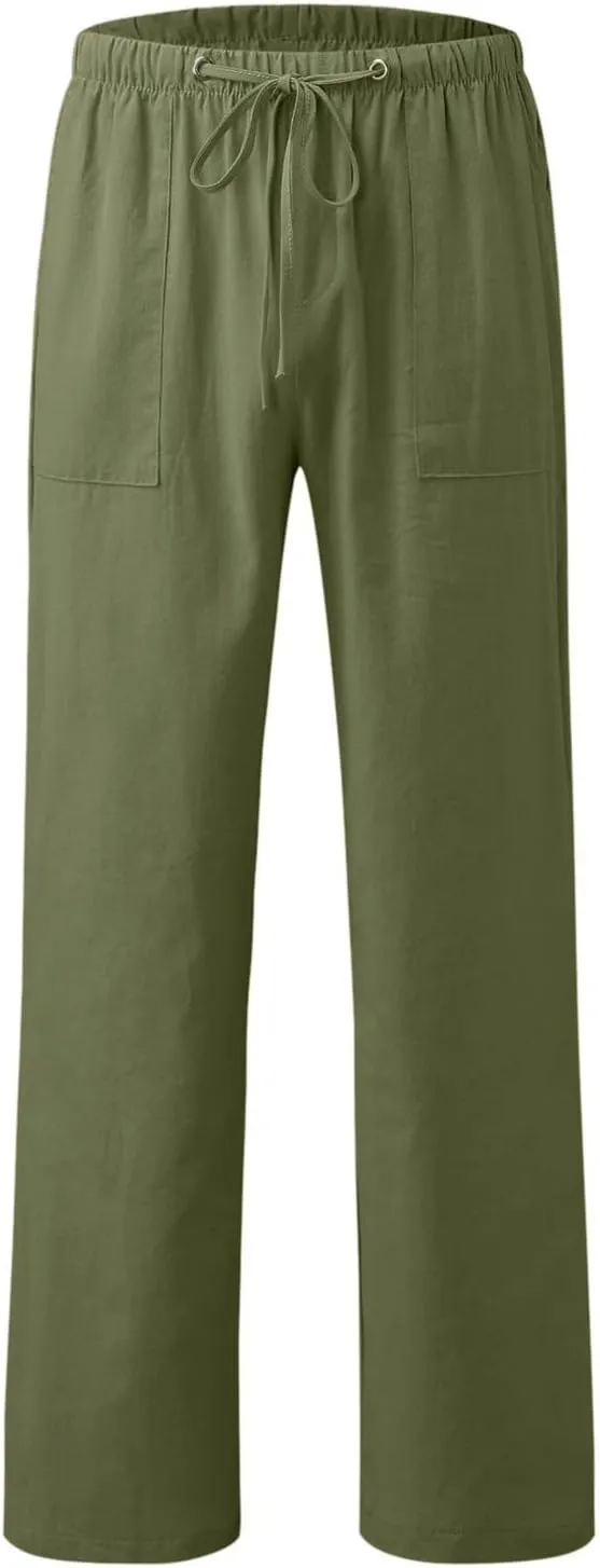 Womens Casual Linen Pants 2024 Drawstring Elastic Waist Trousers Lounge Vacation Clothing Summer Drawstring Palazzo