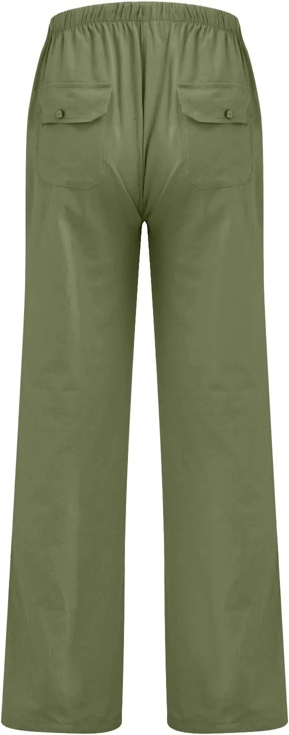 Womens Casual Linen Pants 2024 Drawstring Elastic Waist Trousers Lounge Vacation Clothing Summer Drawstring Palazzo