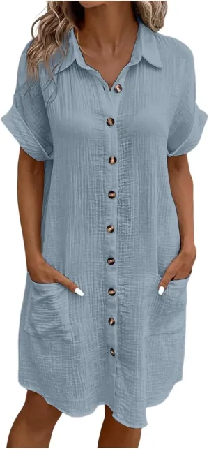 Womens Casual Loose Button Down Shirt Dress Cotton Linen Short Sleeve Fashion Beach Cover Ups Blouse Dress with Pocket