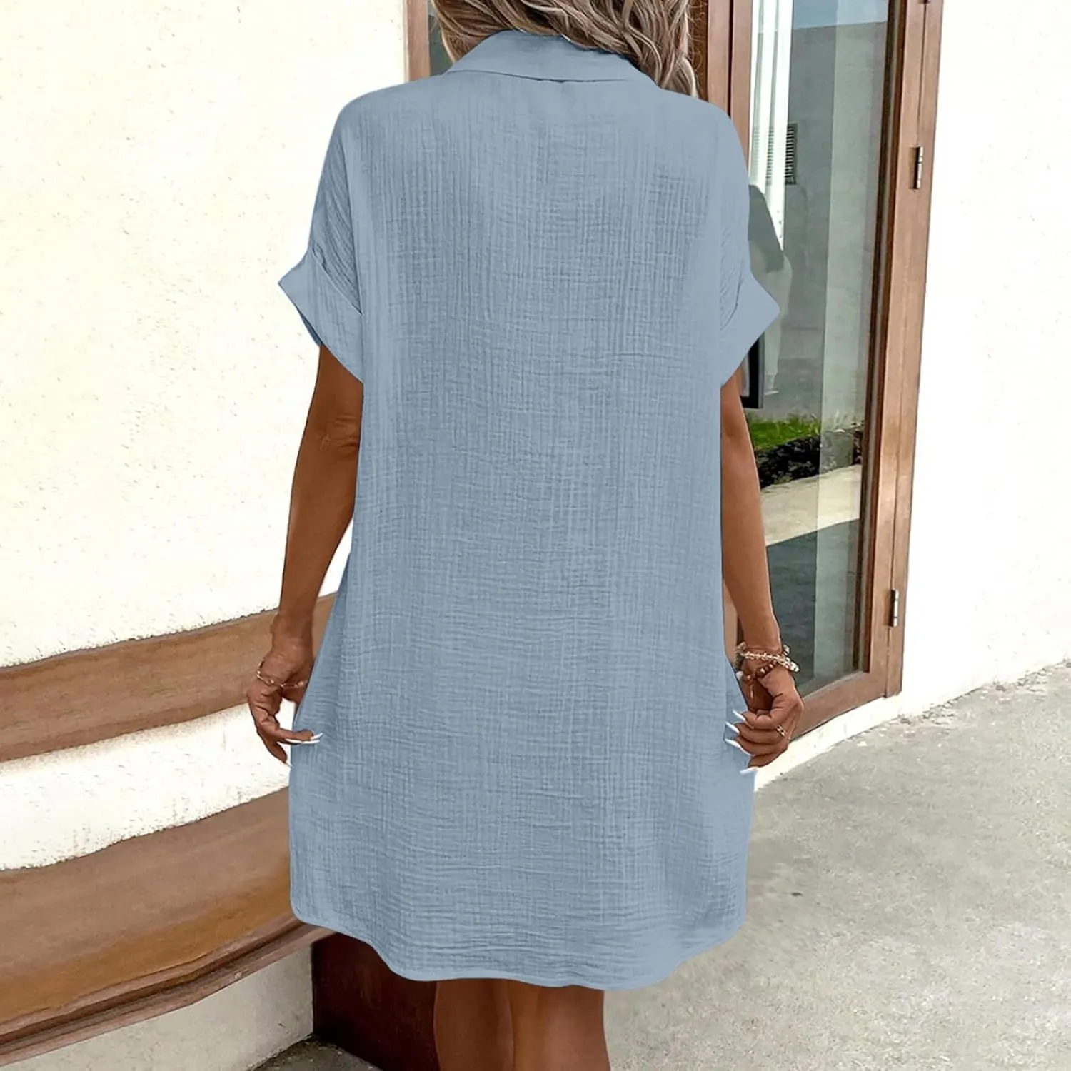 Womens Casual Loose Button Down Shirt Dress Cotton Linen Short Sleeve Fashion Beach Cover Ups Blouse Dress with Pocket