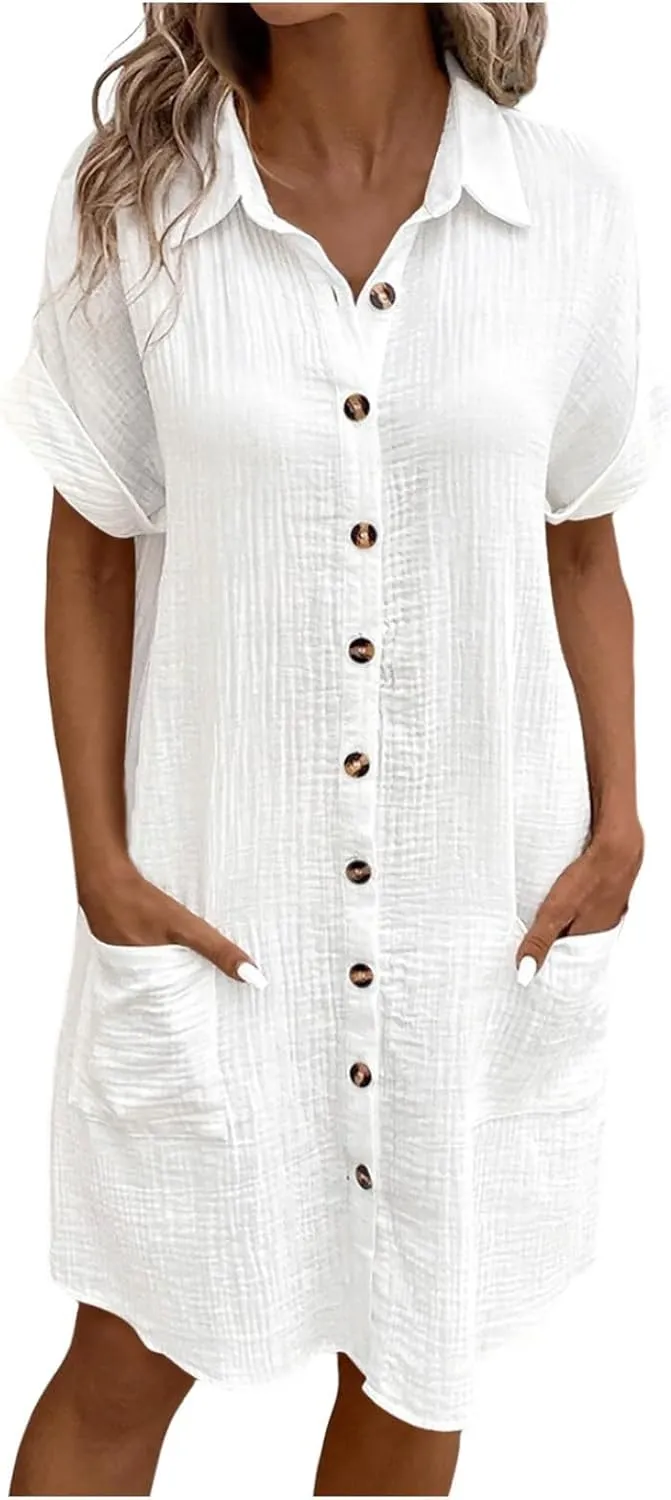 Womens Casual Loose Button Down Shirt Dress Cotton Linen Short Sleeve Fashion Beach Cover Ups Blouse Dress with Pocket