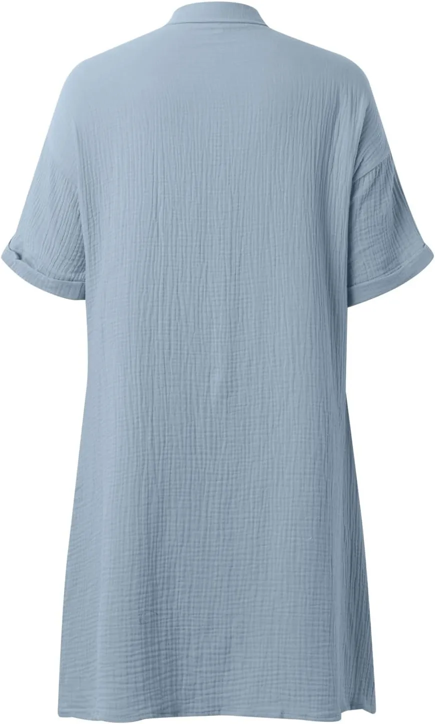 Womens Casual Loose Button Down Shirt Dress Cotton Linen Short Sleeve Fashion Beach Cover Ups Blouse Dress with Pocket